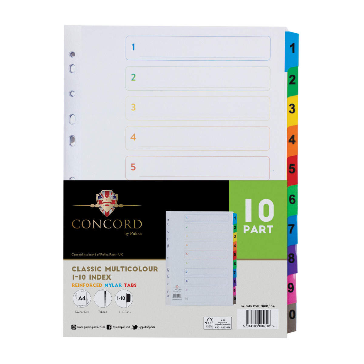 1-10 white, mutli coloured tabbed indexes.
