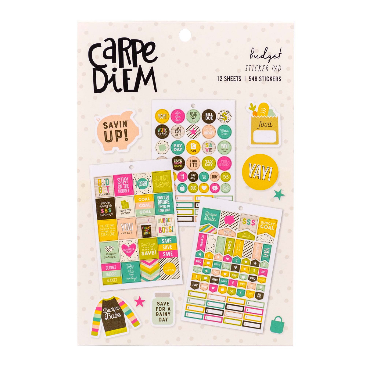 Carpe Diem by Pukka Pads budget sticker tablet includes 12 sheets of budgeting stickers totalling 548 stickers to personalise your planner with. Each sticker tablet has a range of stickers including quotes, symbols and more.