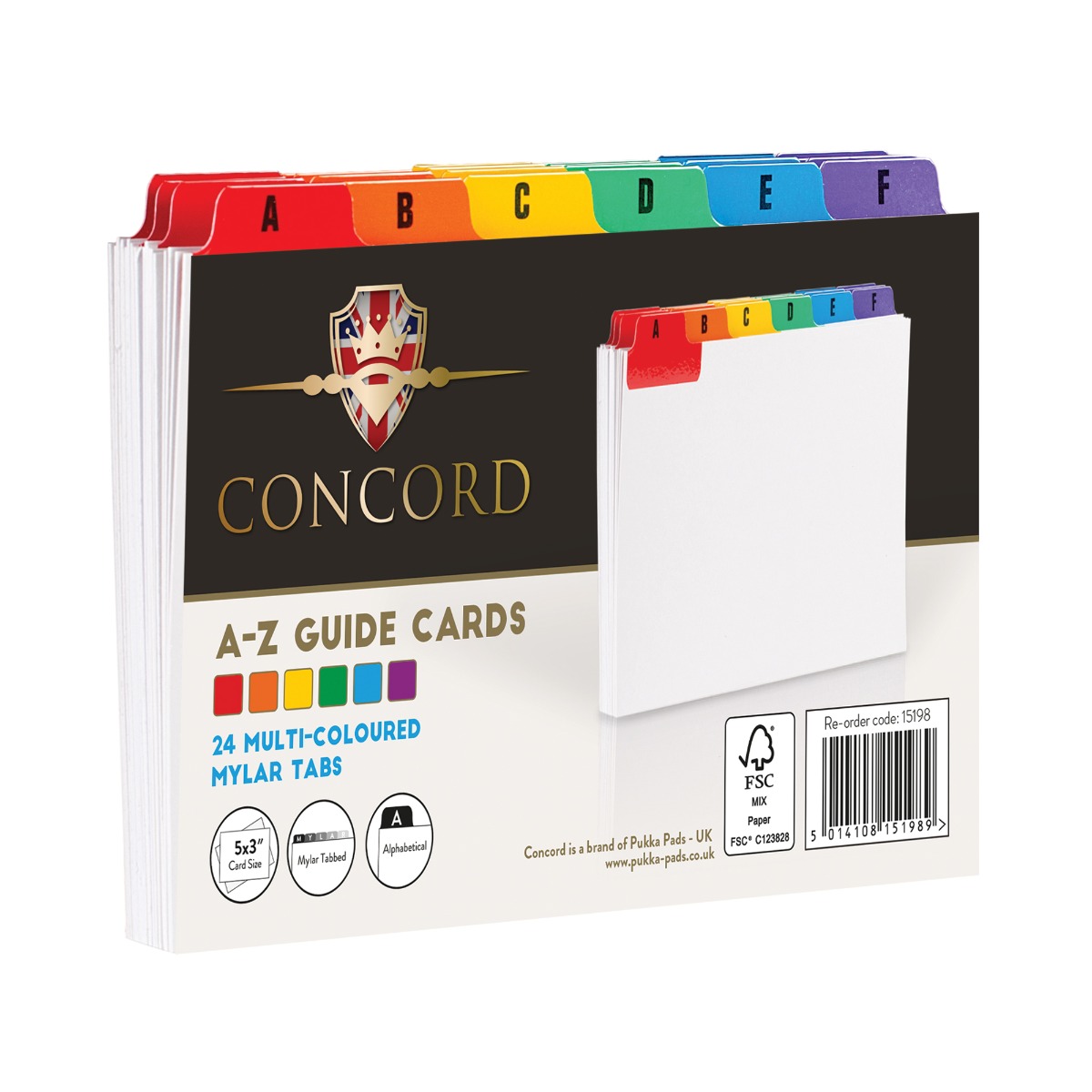 Concord by Pukka Pads 5" x 3" multicoloured A-Z record cards which are 290 GSM and blank, ideal for all types of revision and studying.