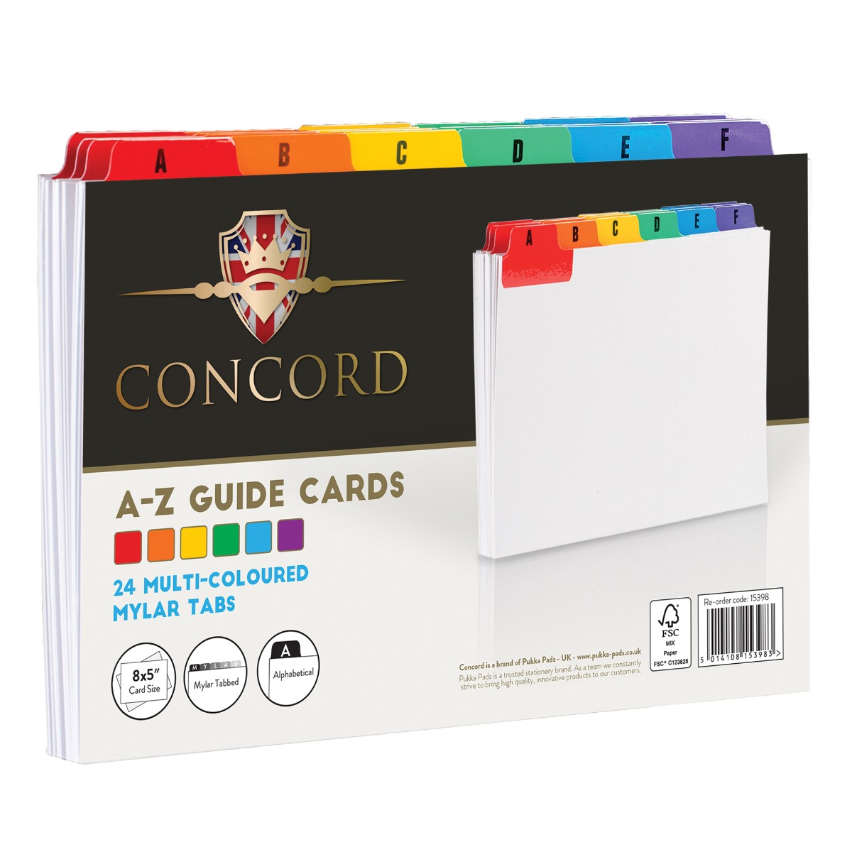 Concord A-Z guide cards contain 24 assorted coloured guide cards that measure 8 inches x 5 inches which are 290 GSM cards and are made from 70% recycled material.