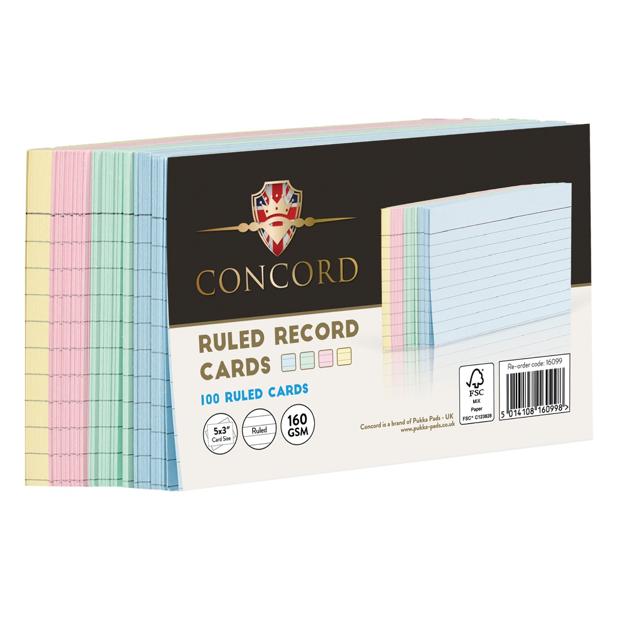 Concord pastel ruled revision/ record cards. 100 revision cards are included in the pack, each revision card measures 5x3" and is made from 160 GSM card.