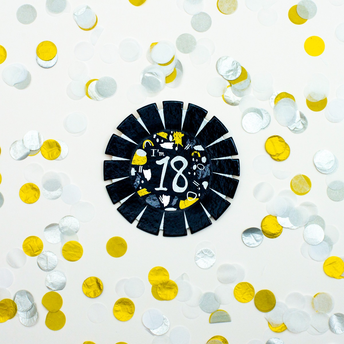 Pukka Party Age 18 Black and White Card Rosette Badge