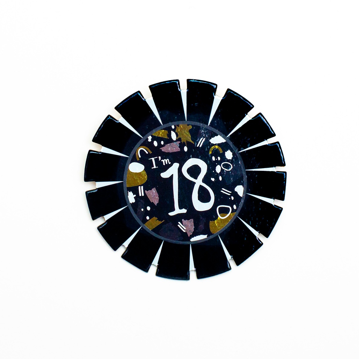 Pukka Party Age 18 Black and White Card Rosette Badge