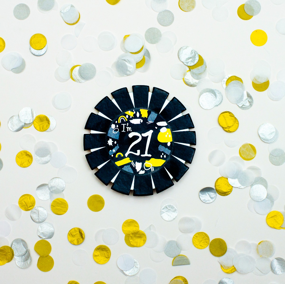 Pukka Party Age 21 Black and White Card Rosette Badge