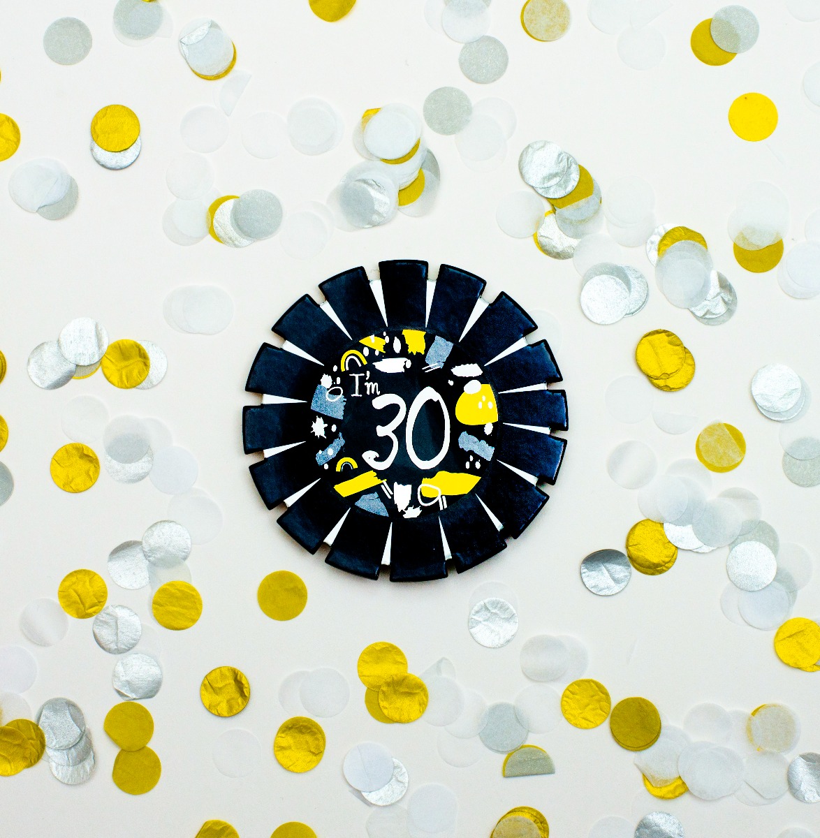 Pukka Party Age 30 Black and White Card Rosette Badge