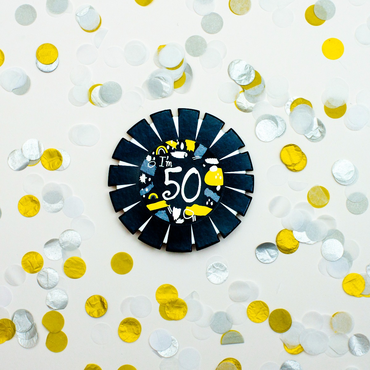Pukka Party Age 50 Black and White Card Rosette Badge