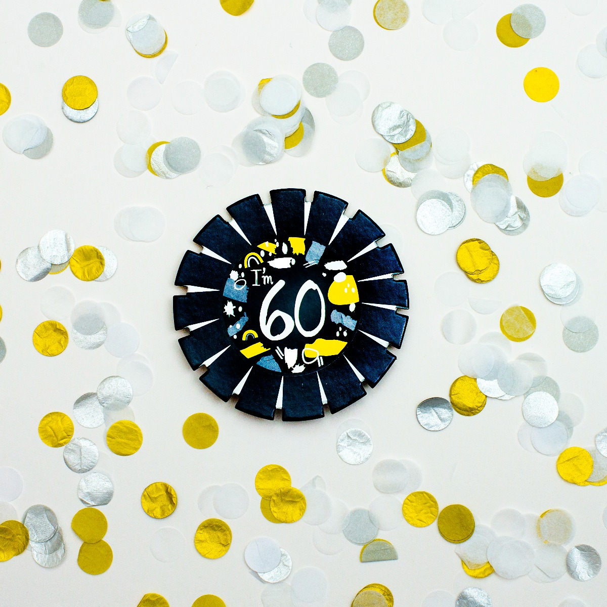 Pukka Party Age 60 Black and White Card Rosette Badge