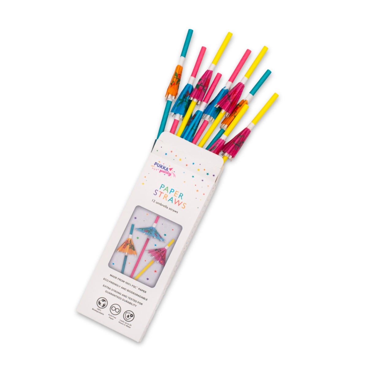 Pukka Party Coloured Umbrella Drinking Straws - Assorted Pack of 12