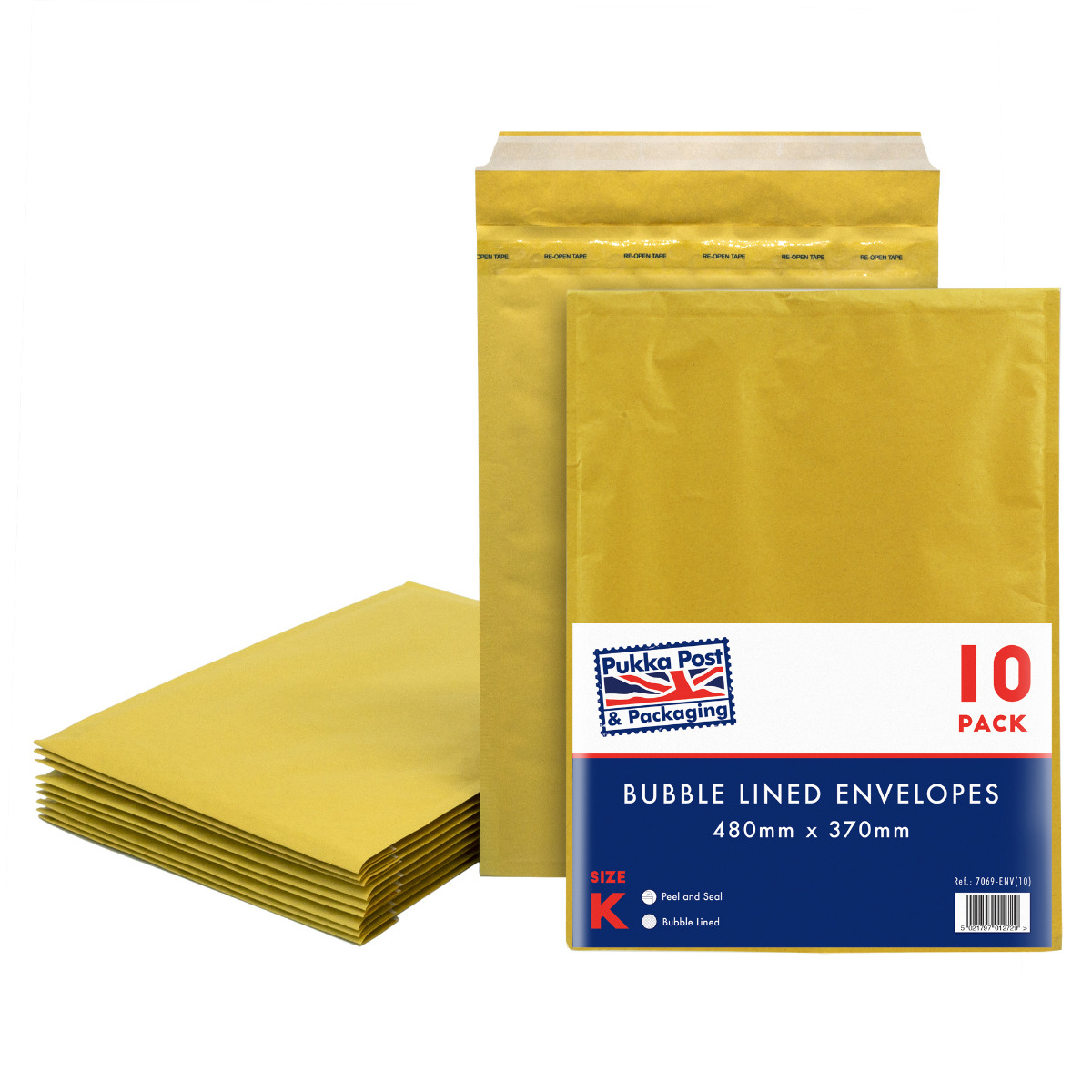 Gold lined bubble envelopes, pack of 10, measuring 480mm x 370mm by Pukka Post and Packaging.