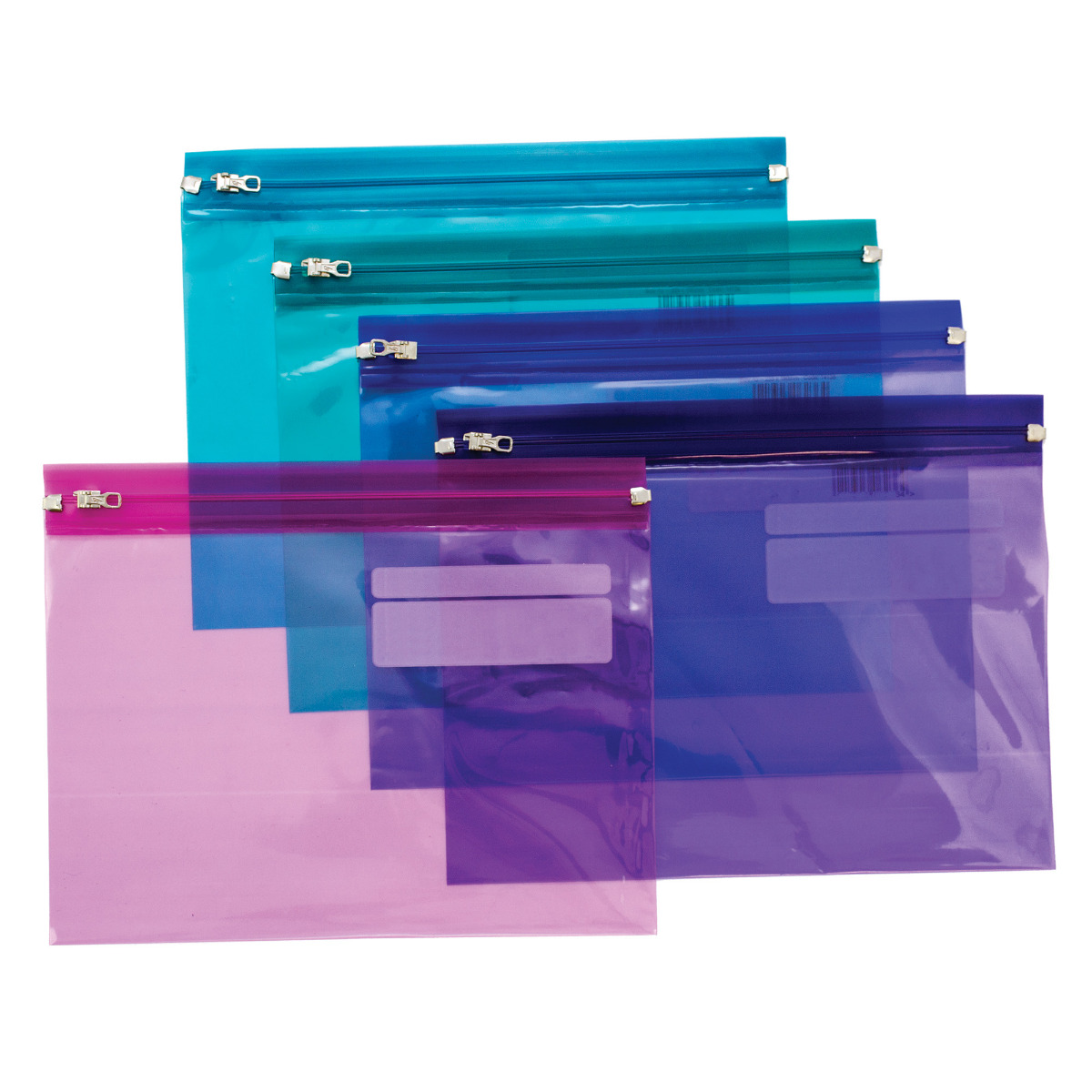 Pukka Pads A5 PP zippa wallets, pack of 25 in an assortment of colours including pink, purple, light blue, teal and dark blue. Each wallet has a zip closure and is ideal for organising loose sheets of paper.