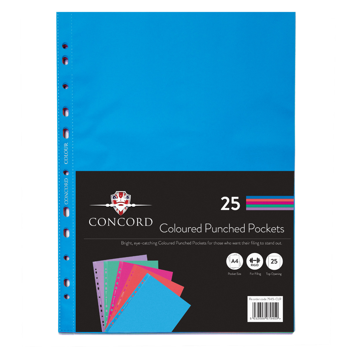 Concord Colour Polypropylene Punched Pockets Assorted Colours - pack of 25