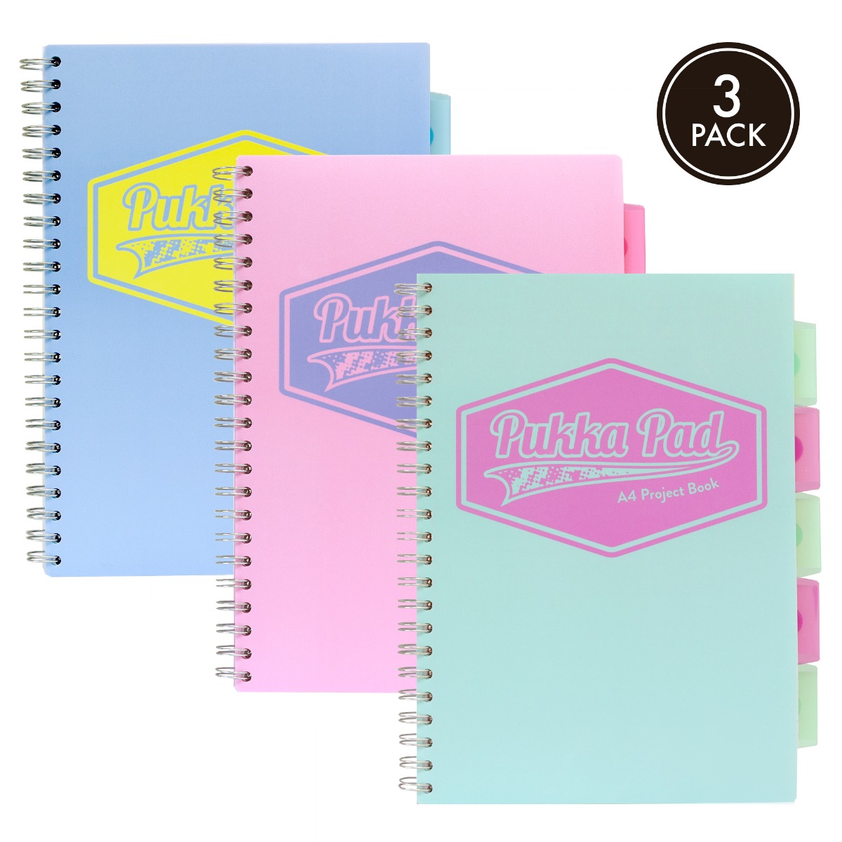 Pukka Pads Pastel A4 Lined Project Book - Assorted Pack of 3 in Pink, Teal and Blue