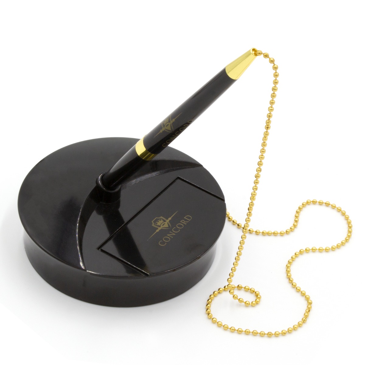Concord black and gold pen with chain stand.