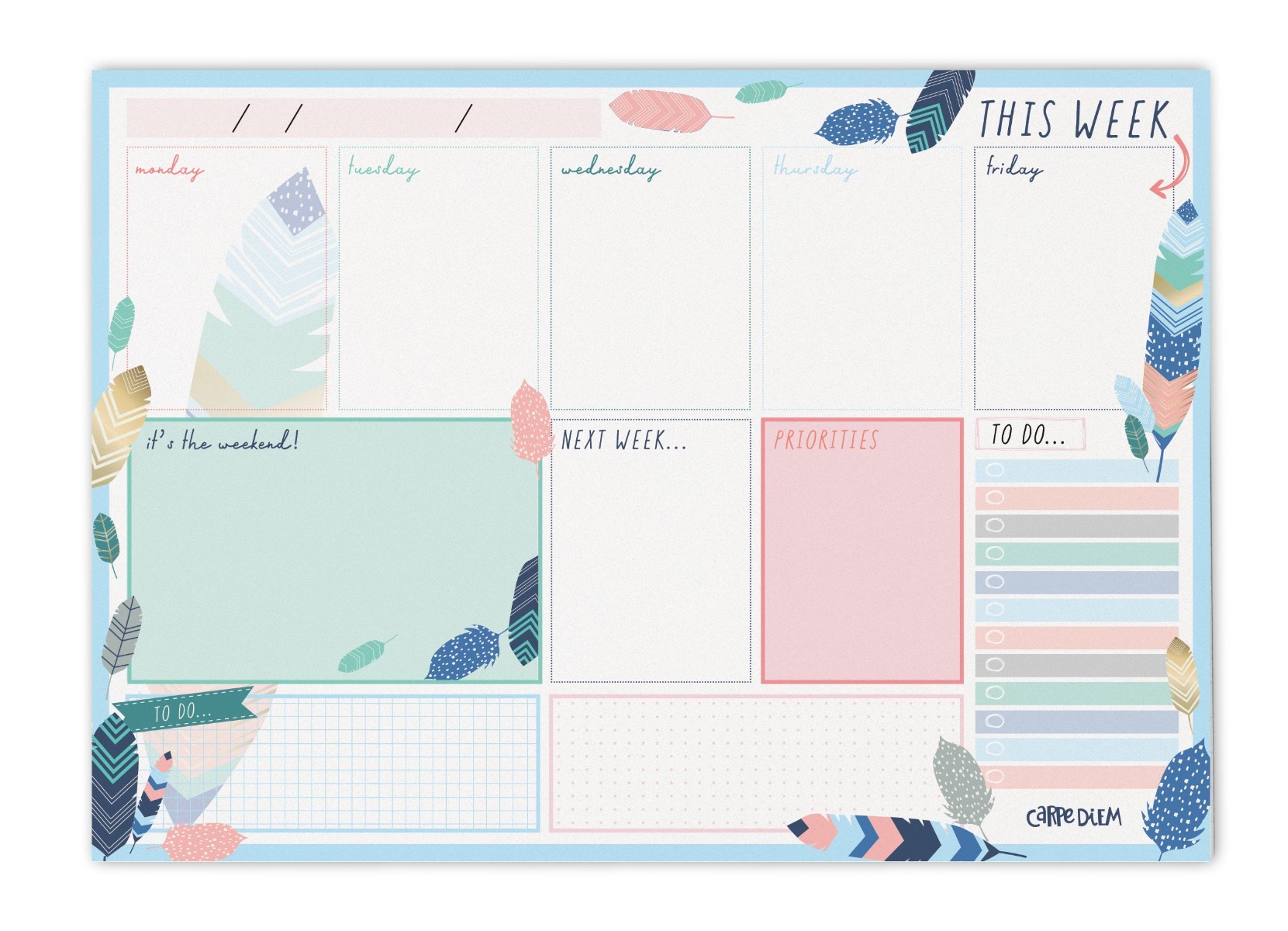 Carpe Diem Weekly Planner Pad - Feathers