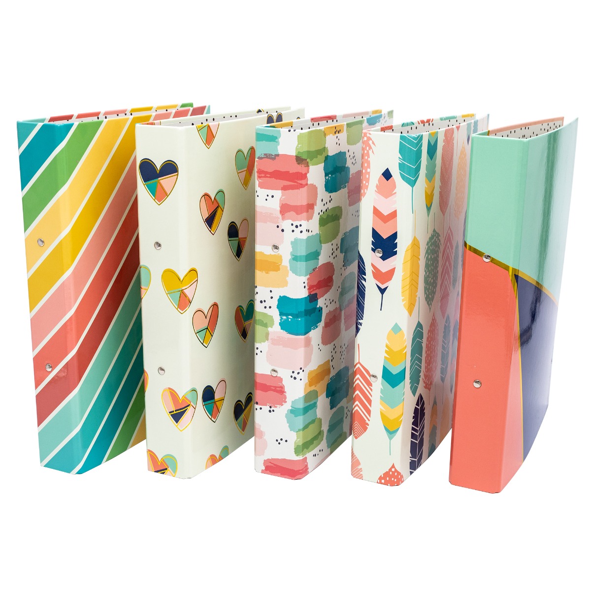 Pukka Pads Fashion ringbinders pack of 5 assorted designs in stripes, hearts, colourwash, feathers & geometric print. Each file measures  320mm x 240mm x 40mm and has been made in the UK.