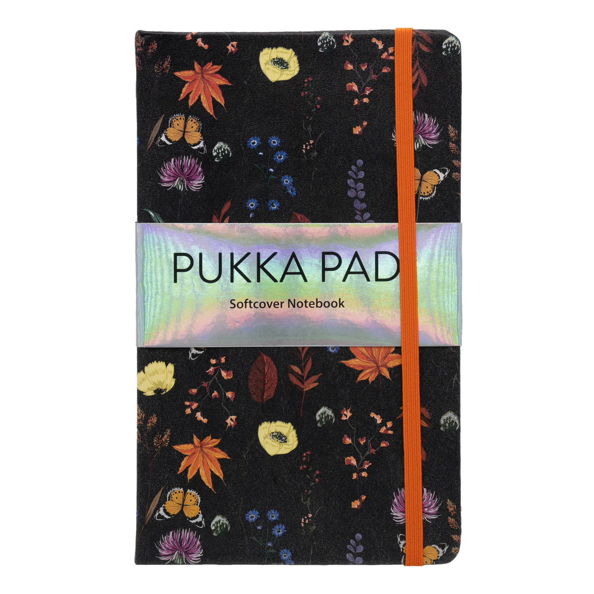 Pukka Pads Bloom black softcover pad. The notepad measures 13cm x 21 cm, and contains 192 pages of lined 80 GSM high-quality ivory paper and has an elastic closure and an expandable back pocket.