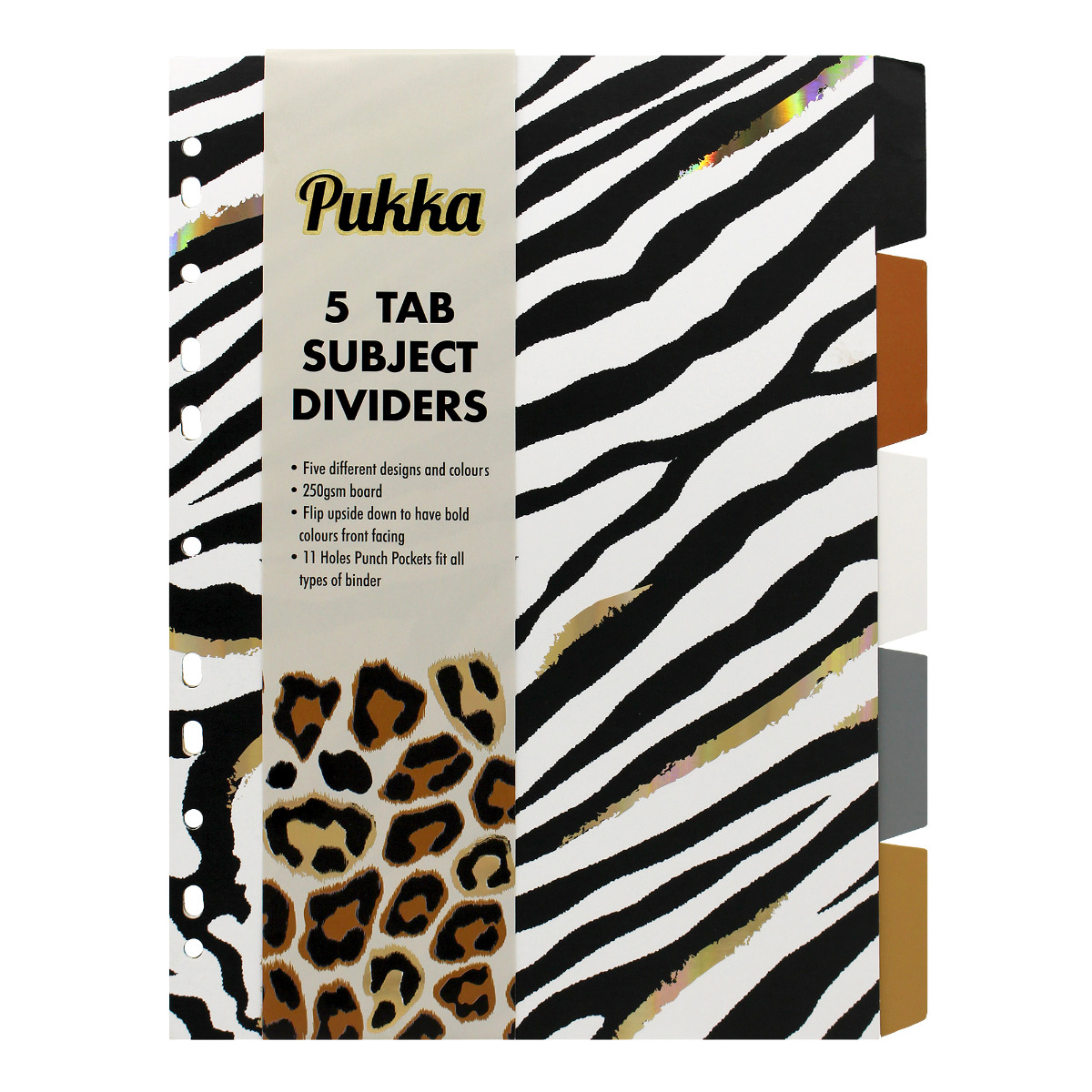 Pukka Pads Wild A4 5-part dividers, each divider is A4 in size and is made from 250GSM board, each divider is made from 70% recycled material and is 11 holes punched which fits into standard A4 files.