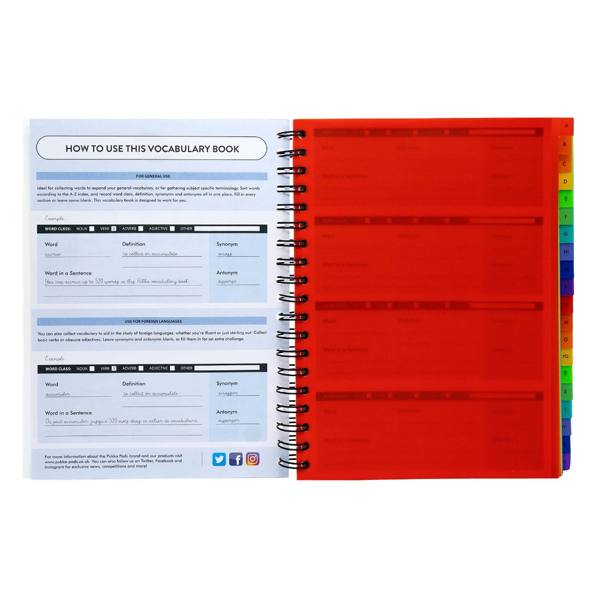 Pukka Pads B5 Vocab Book for Learning New Words - Includes Space for 520 words