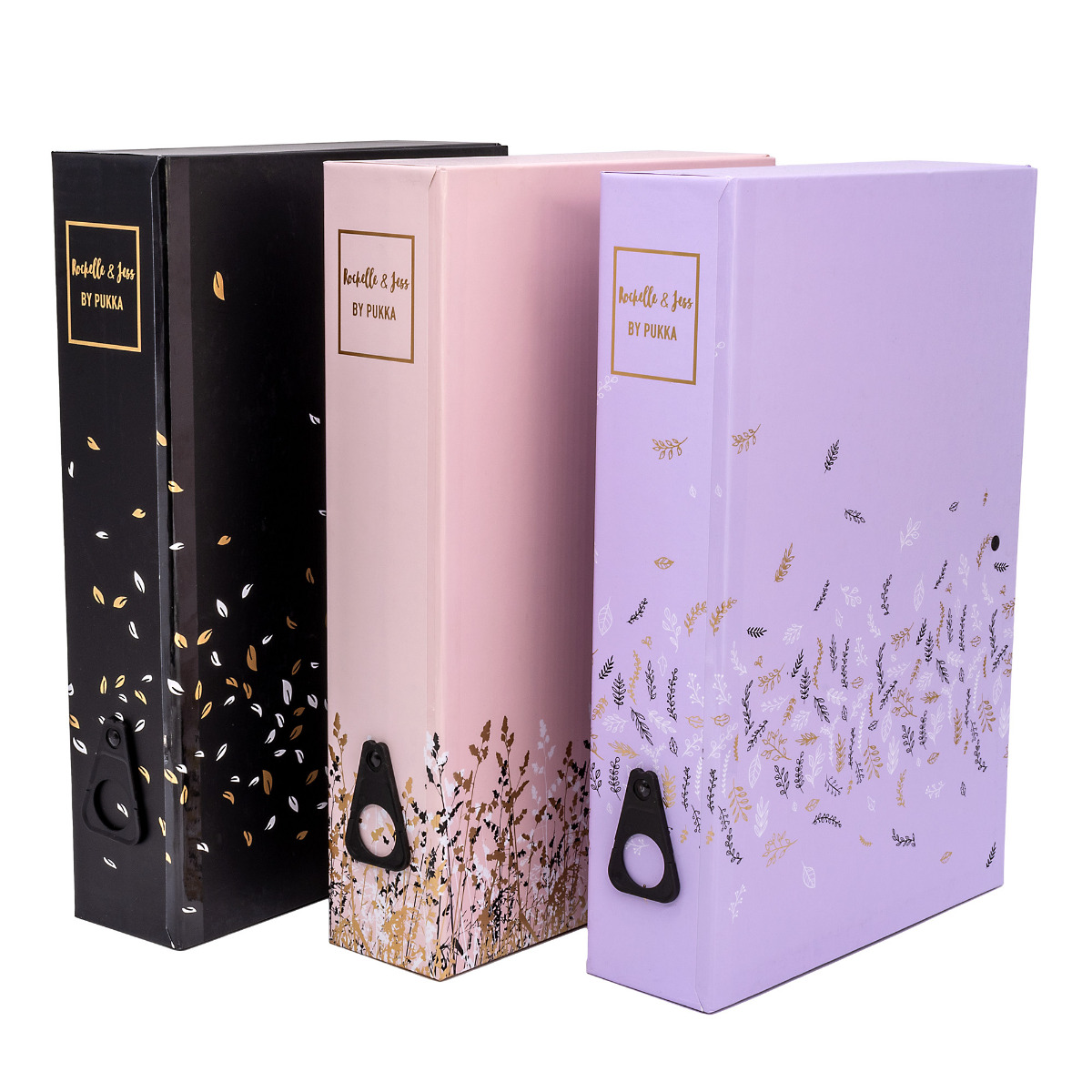 Pukka Pads Rochelle & Jess Foolscap Box Files - Pack of 3, Assorted Pink, Lilac and Black