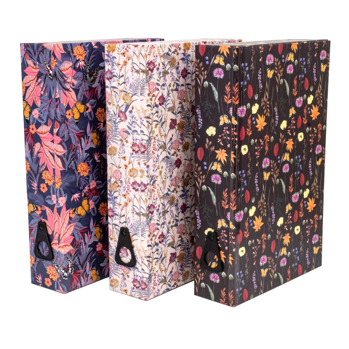 Floral print box files in black, blue and cream from the Bloom range by Pukka Pads. Each box file is foolscap in size and measures 370mm x 250mm x 70mm, containing enough space for 500 sheets of A4 paper.