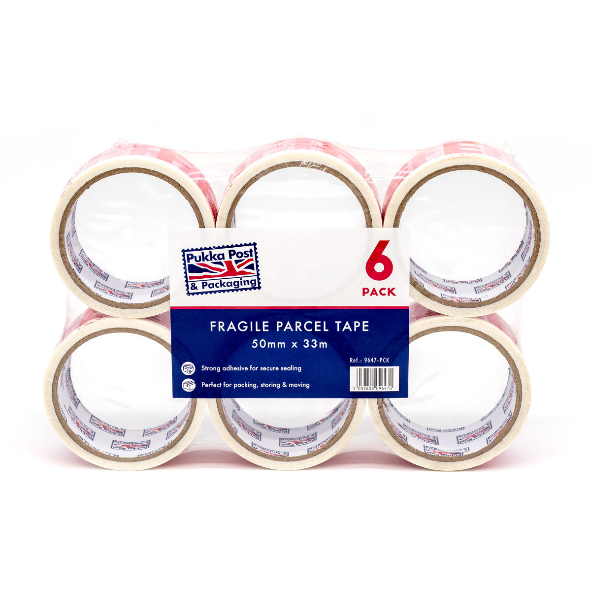 Pukka Post & Packaging fragile tape measuring 50mm x 33mm, strong adhesive for secure sealing. Perfect for packing, storing and moving. Pack of 6.