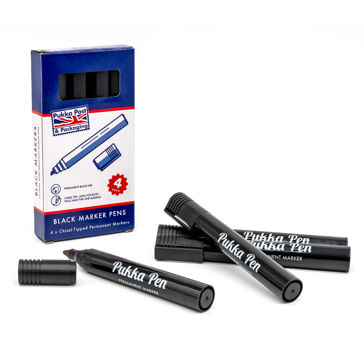 Pukka Post & Packaging pack of 4 black permanent marker pens. Each pen has a chisel tip which is ideal for thick and thin line-making.