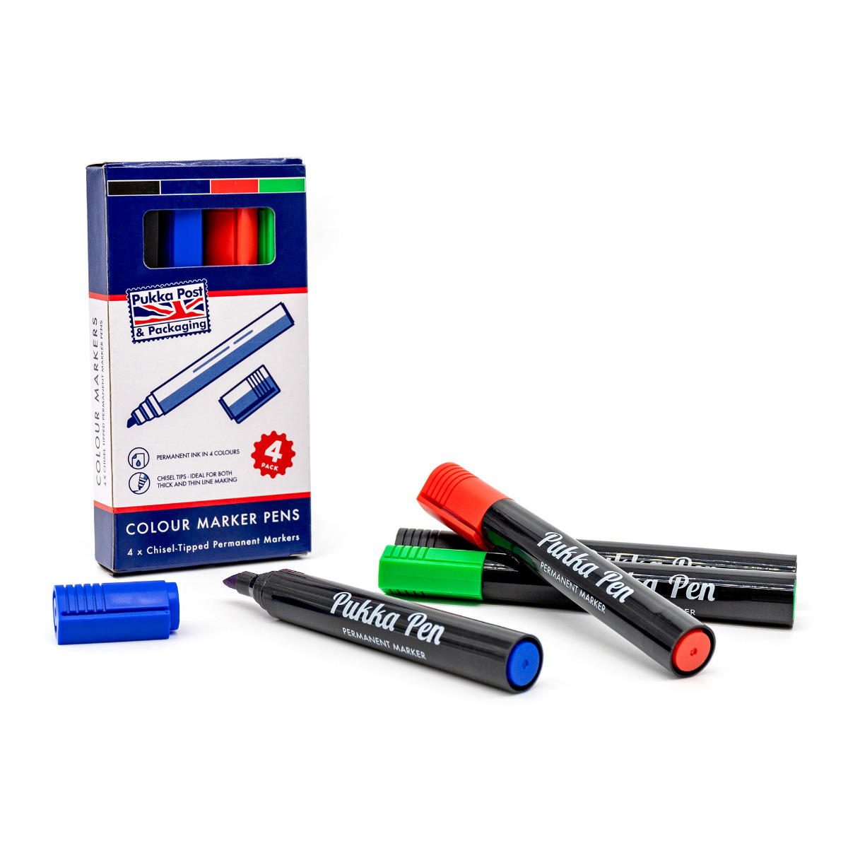 Pukka Post & Packaging Permanent Markers - Assorted Pack of 4. Blue, Black, Green and Red