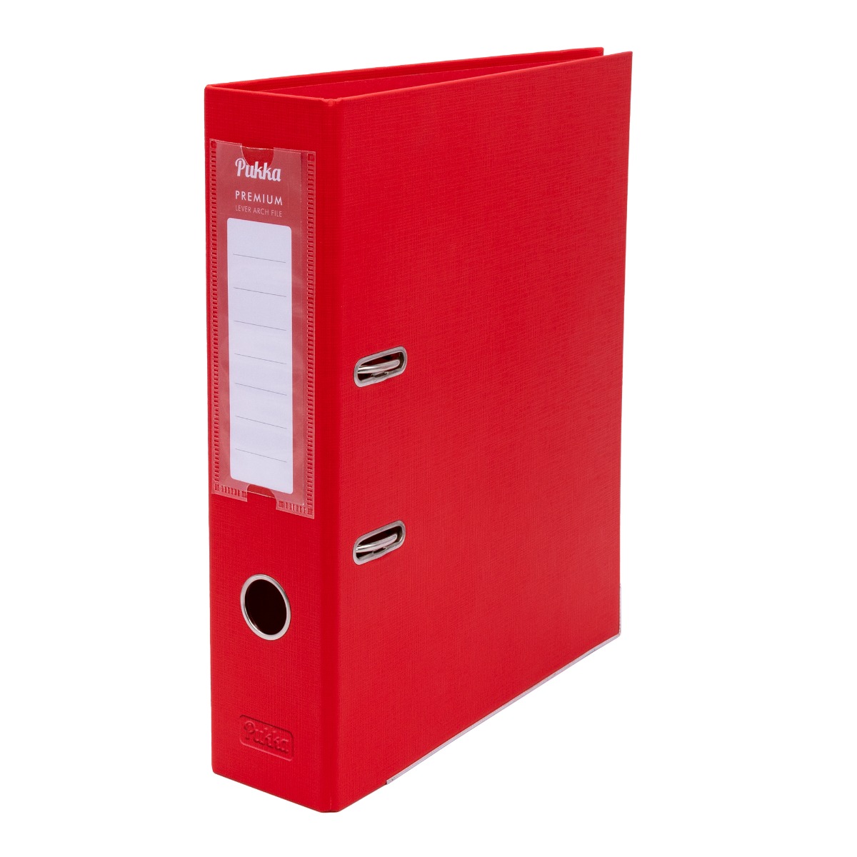 Red A4 premium lever arch file by Pukka Premium. The lever arch files have a standard lever arch mechanism and an embedded thumb hole for easy retrieval from shelves. They measure 320mm x 280mm x 75mm, allowing A4 documents to be stored safely.