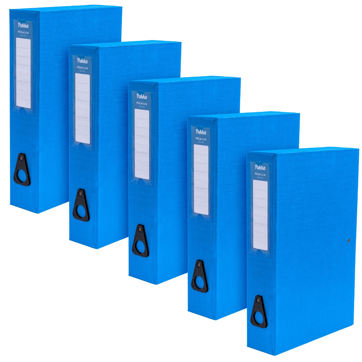 Pack of 5 blue premium box files by Pukka Pads. Each box file is made in the UK and is made from durable polypropylene on board. Each box file is foolscap in size measuring 270mm x 240mm x 75mm, and comfortably fits in up to 500 sheets of A4 paper.