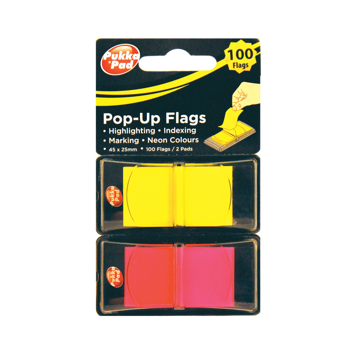 Pukka Pads pop-up flags, individual pop up flags in yellow and pink that are transparent and are great for annotating workbooks, enabling the words to still be seen beneath. Pack includes 20 of each colour.