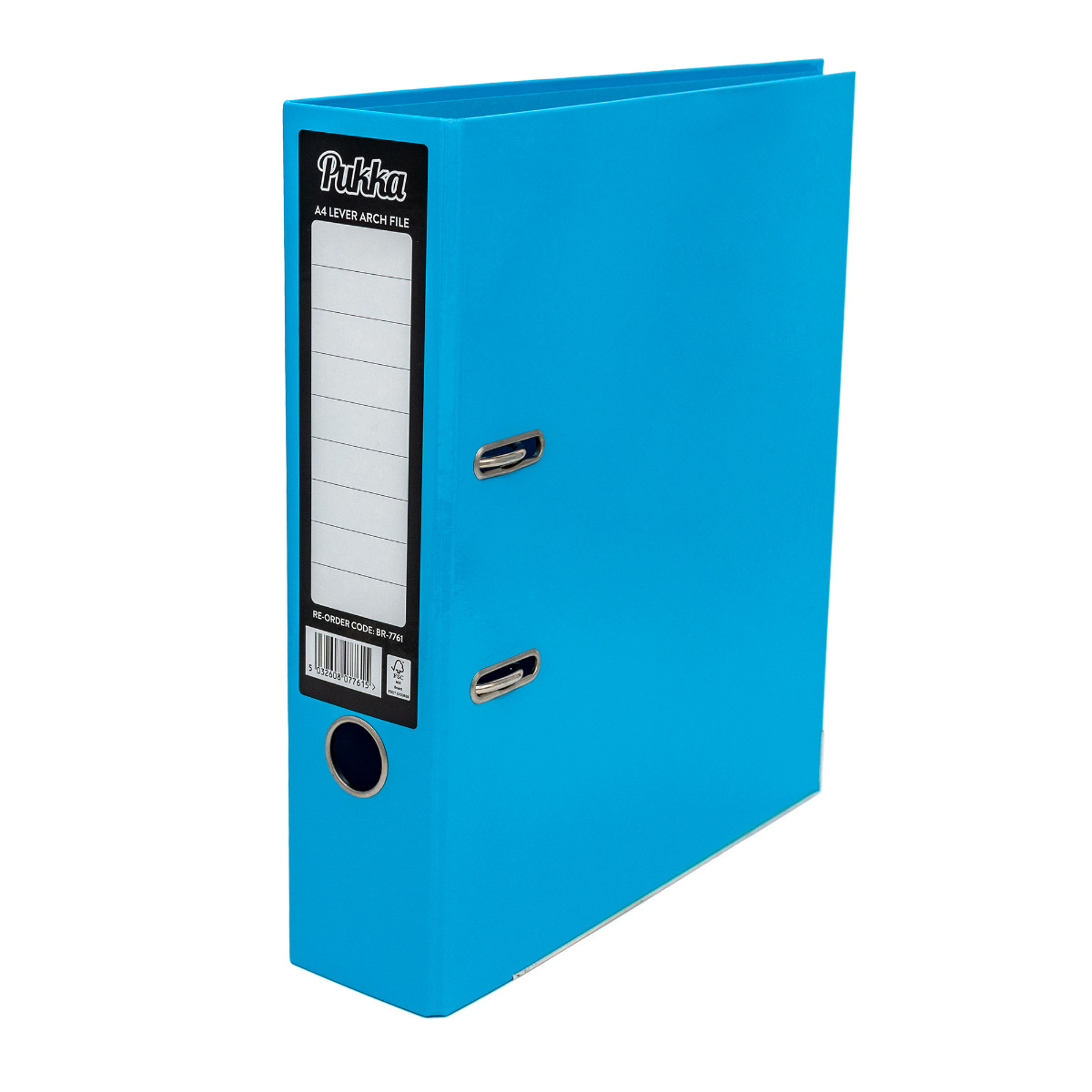 Blue A4 lever arch files by Pukka Pads. Each file is made out of strong paperboard with sturdy metal rings. The files measure 320mm x 280mm x 75mm and are designed to fit in A4 documents. There is also a thumb hole for easy retrieval. Made in the UK.