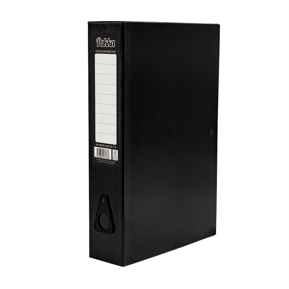 Pukka Pads Brights box files in black. Foolscap in size, measuring 370mm x 240mm x 75mm, offering space for 500 sheets of paper. Made in the UK from laminated paperboard with a gloss finish.