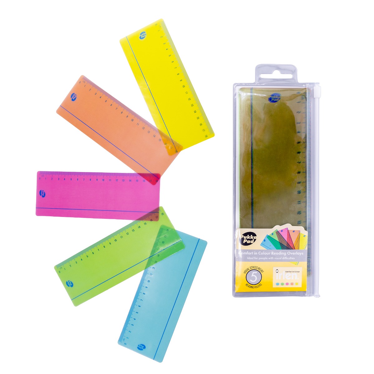 Pukka Pads Irlen coloured reading ruler, available in a pack of 5 including 1x yellow, orange, pink, green and blue reading rulers which can help people with visual perception difficulties.
