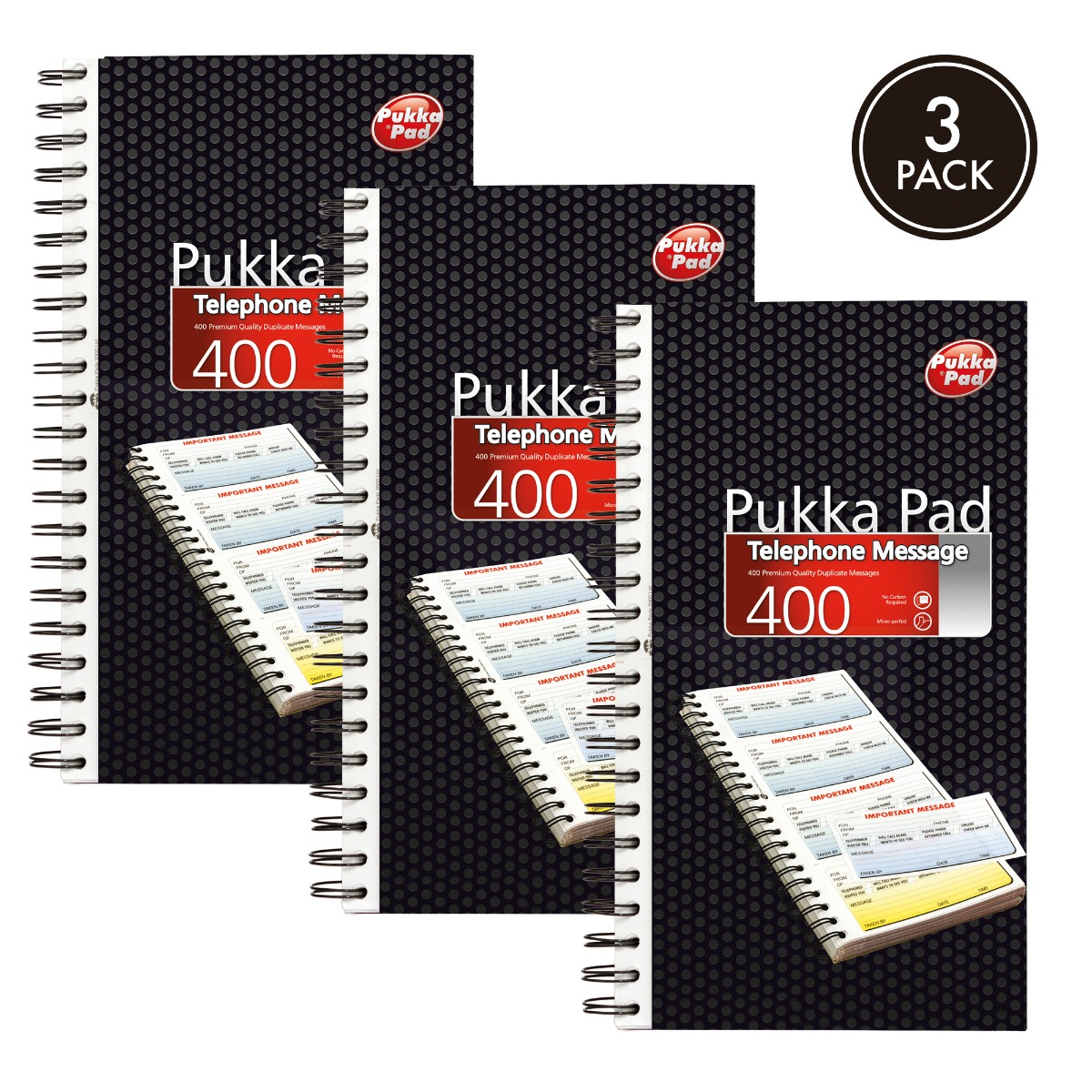 Pukka Pad telephone message pad with 400 entries. Each pad measures 152mm x 280mm and is sold as a pack of 3.