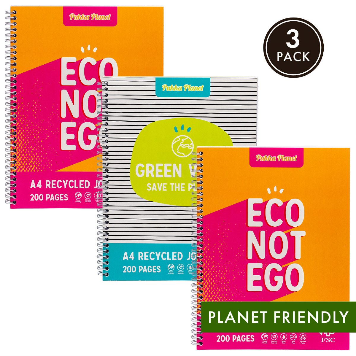 Pukka Planet A4+ Jotta - Assorted Pack of 3. Planet-friendly A4+ notebook includes 200 pages of 80 GSM FSC® Recycled paper. Each sheet tears out to a true A4 size and has a 4-hole punched margin.