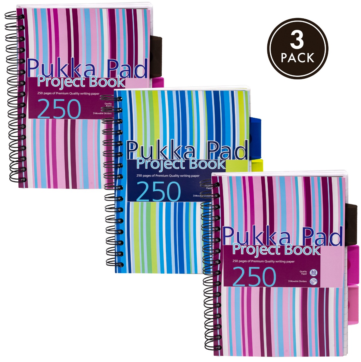 Pukka Pads Stripes A5 Lined Project Books - Assorted Pack of 3
