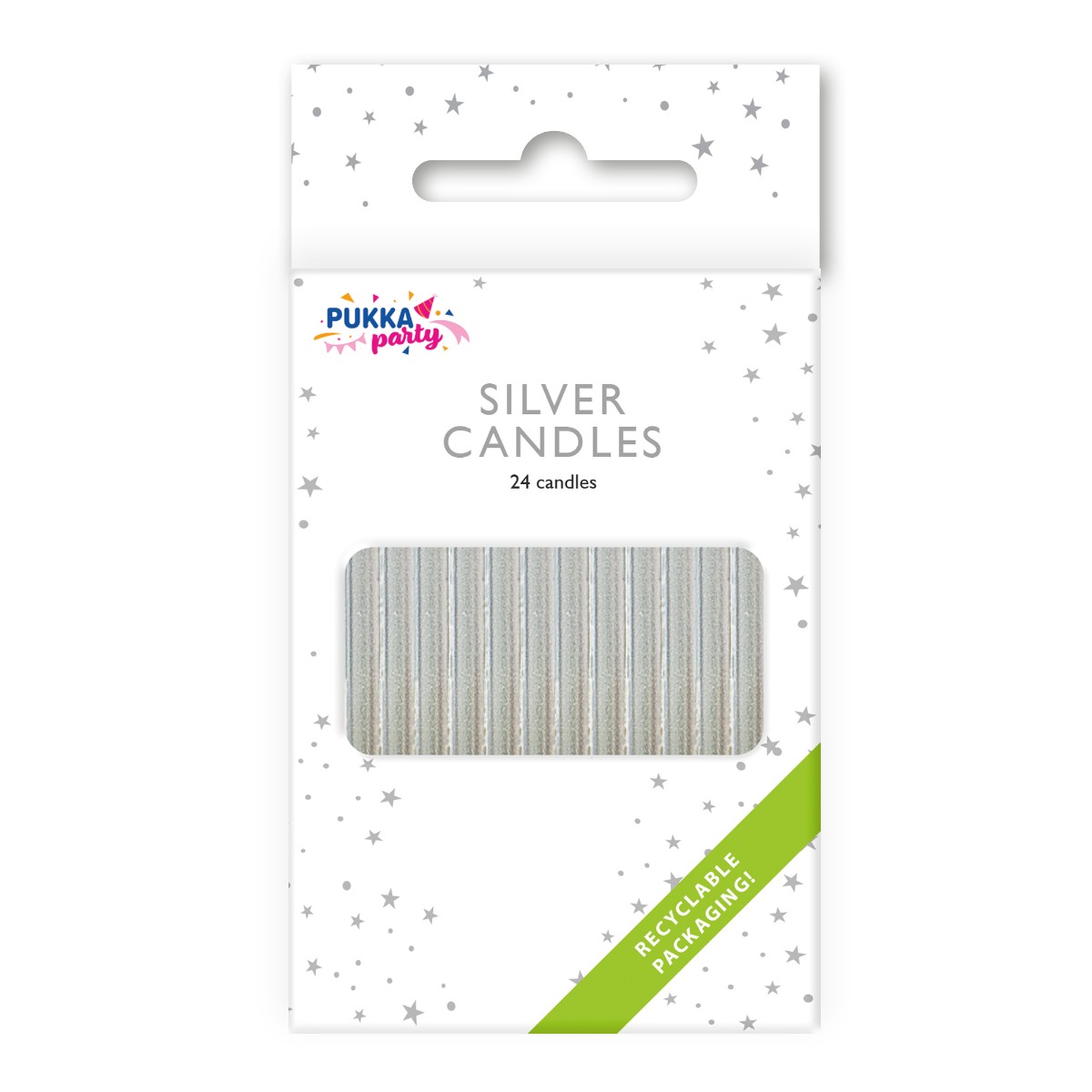 Pukka Party Silver Cake Candles with Holders - Pack of 24