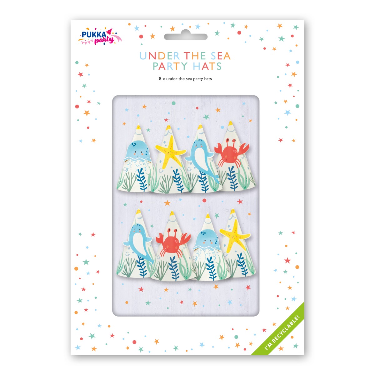 Pukka Party Under the Sea party hats. Pack of 8 cute designed part hats for kids' parties.