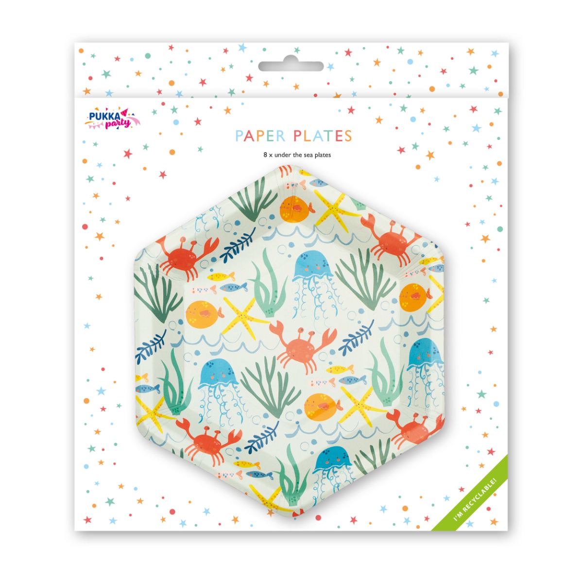 Pukka Party Paper Plates, ideal for ocean-themed parties. Pack of 8 party plates for finger food with cute illustrated Under the Sea themed design.