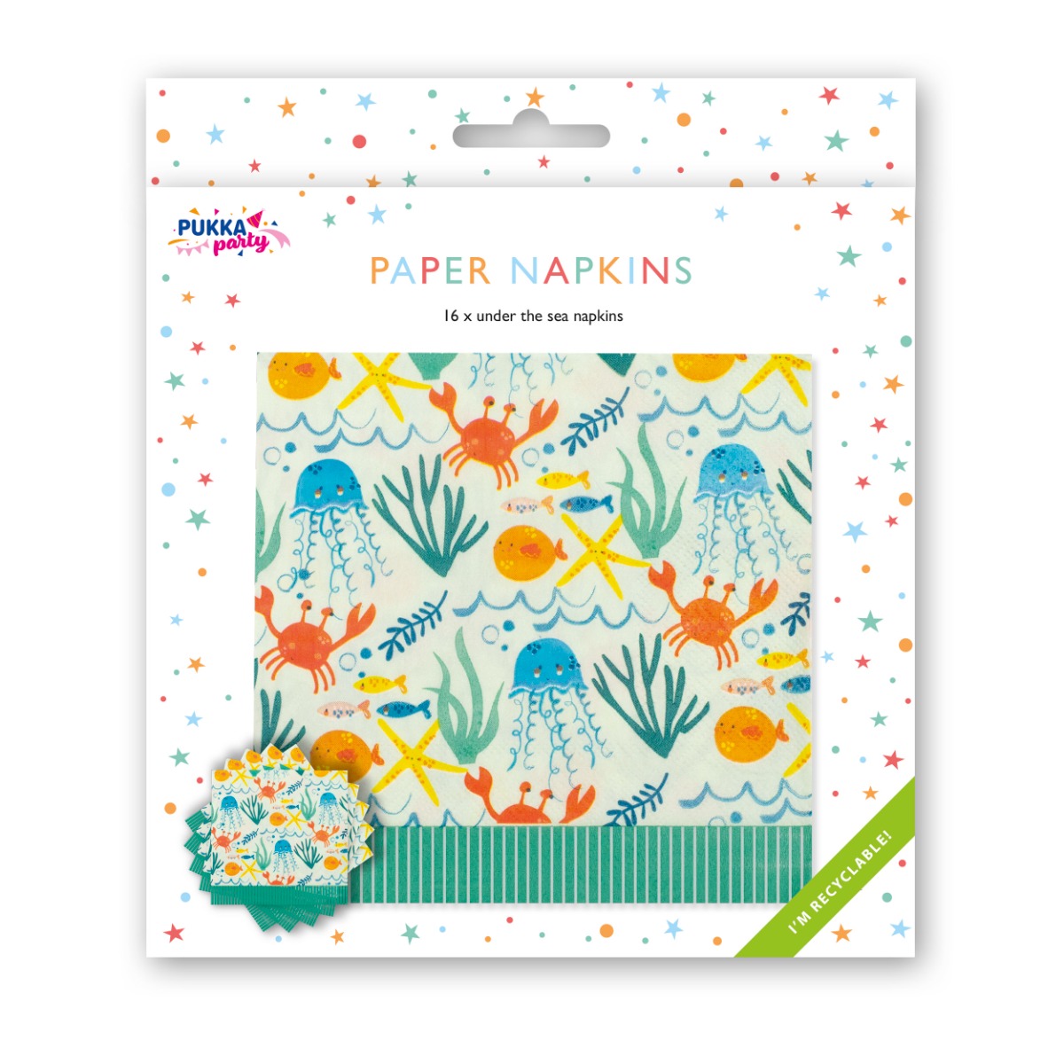 Pukka Party paper napkins, pack of 16 Under the Sea-themed paper napkins, ideal for buffets and kids' parties.